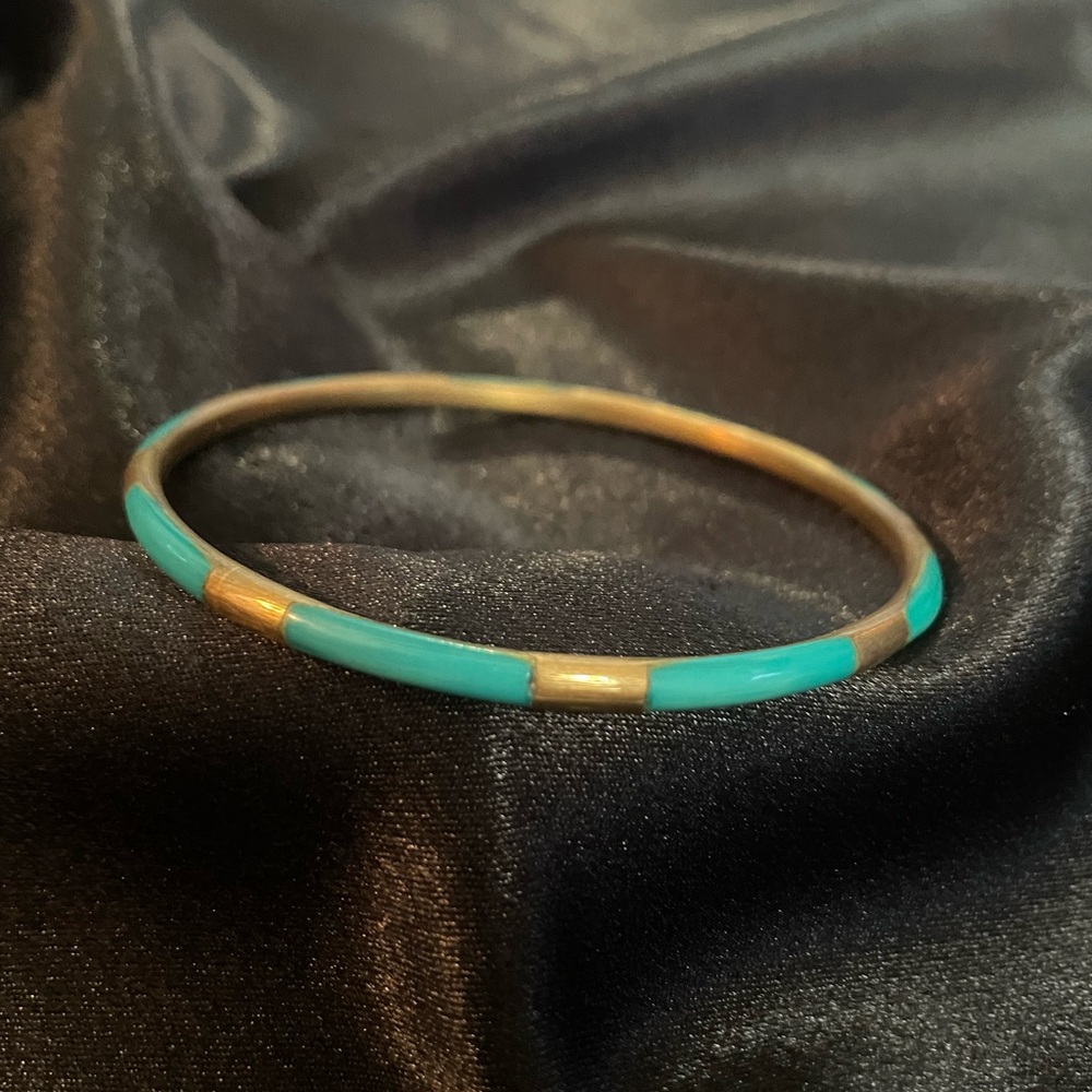 Brass Bangle Bracelet with Turquoise Enamel Inlay